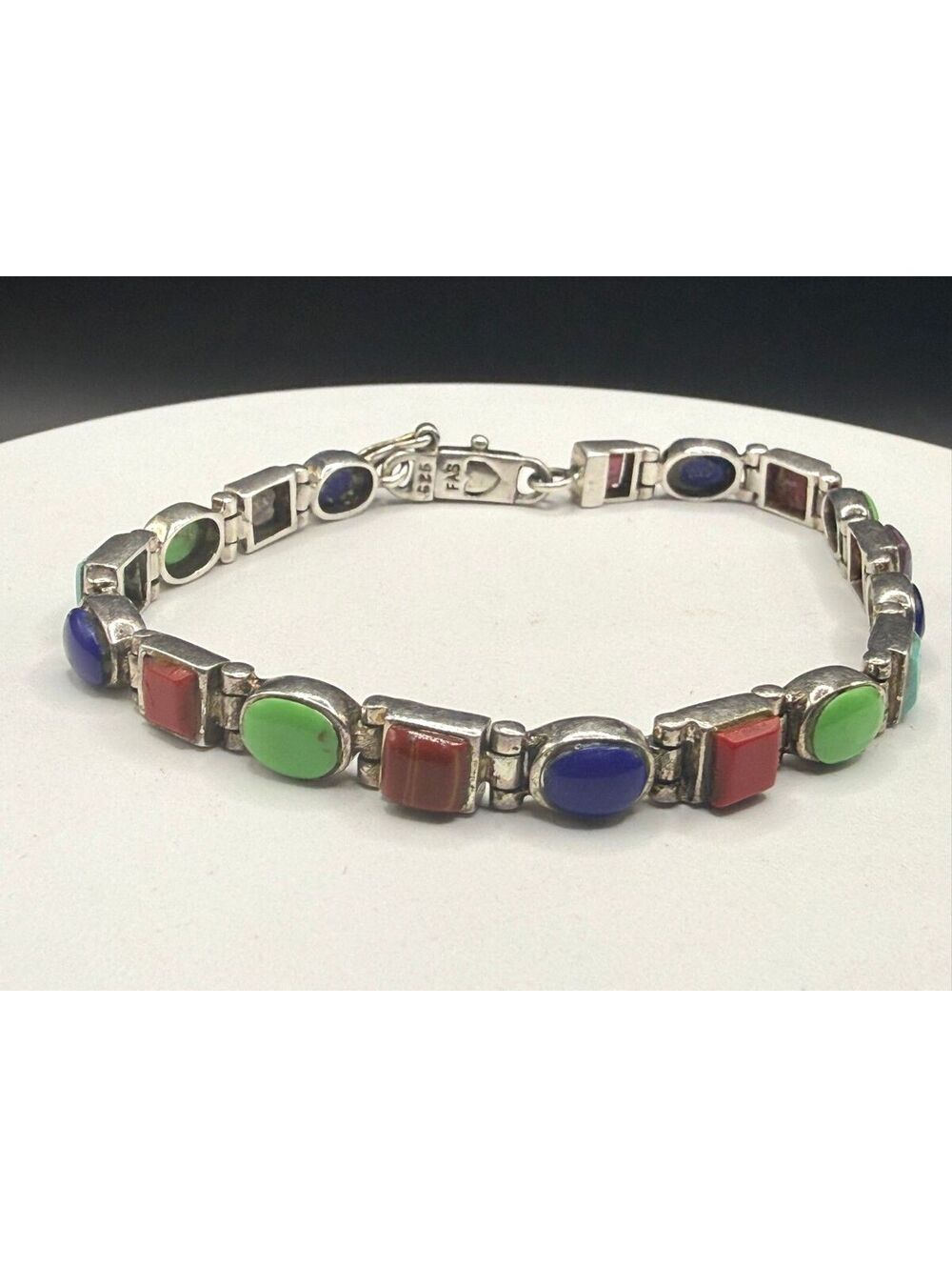 Signed FAS Sterling Silver Multi-Gemstone Link Bracelet - 6.5"